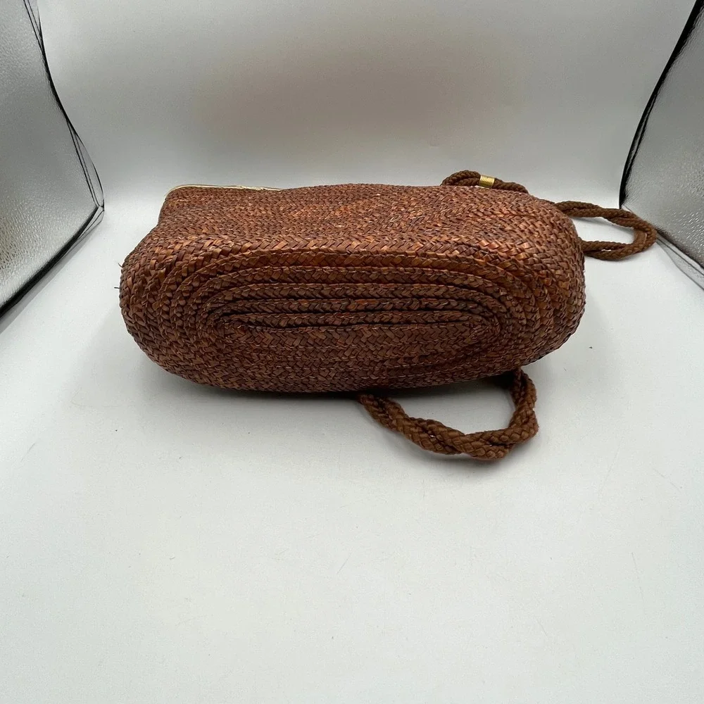 Worthington Tote Bag Brown Womens Woven Straw Gold Trim H 10 x W 14 x D 4.5 in